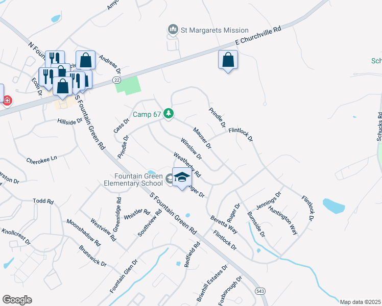 map of restaurants, bars, coffee shops, grocery stores, and more near 510 Winslow Drive in Bel Air