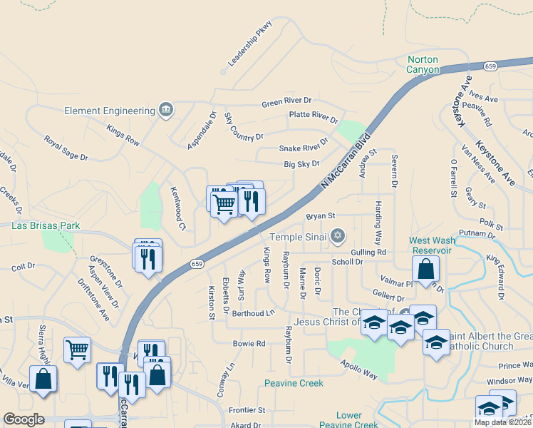 map of restaurants, bars, coffee shops, grocery stores, and more near 3220 Coronado Way in Reno