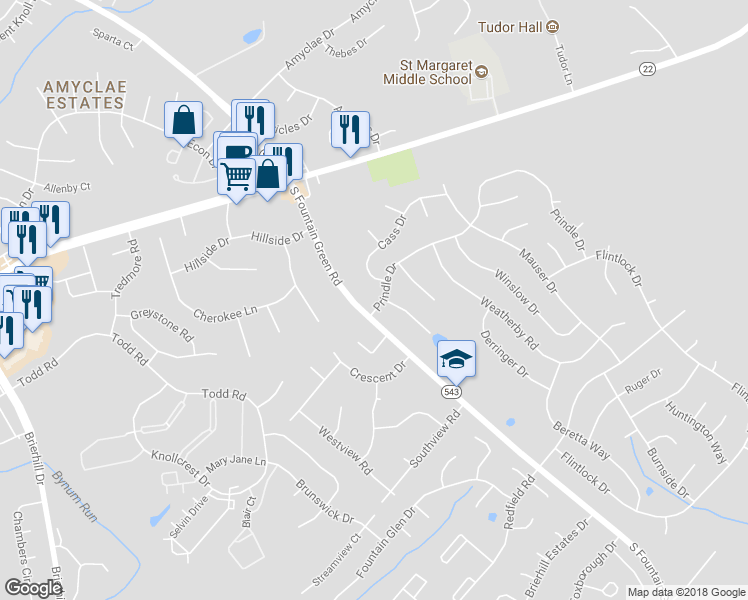 map of restaurants, bars, coffee shops, grocery stores, and more near 1602 Prindle Dr in Bel Air