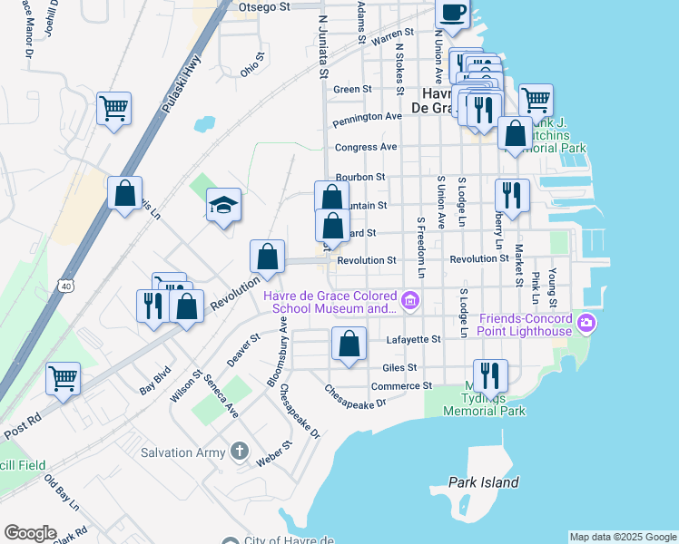 map of restaurants, bars, coffee shops, grocery stores, and more near 730 Revolution Street in Havre de Grace