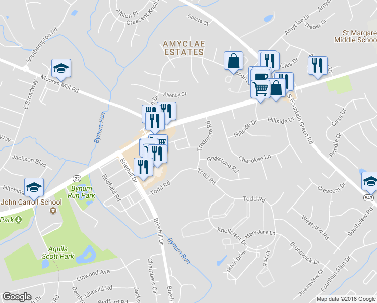 map of restaurants, bars, coffee shops, grocery stores, and more near 1337 Artists Ln in Bel Air