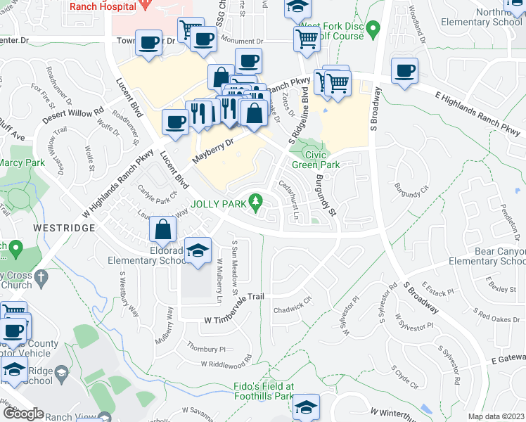 map of restaurants, bars, coffee shops, grocery stores, and more near 781 Rockhurst Drive in Highlands Ranch