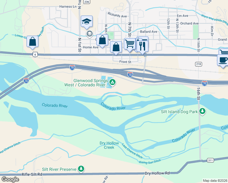 map of restaurants, bars, coffee shops, grocery stores, and more near 629 River Frontage Road in Silt