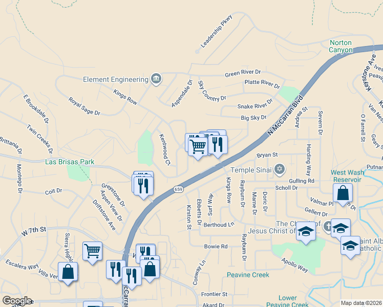 map of restaurants, bars, coffee shops, grocery stores, and more near 3800 Bexley Square in Reno