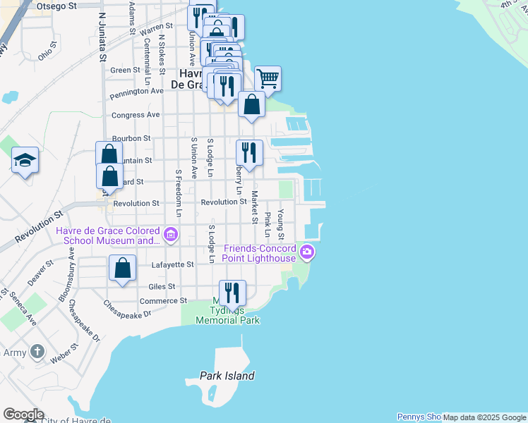 map of restaurants, bars, coffee shops, grocery stores, and more near 515 Market Street in Havre de Grace