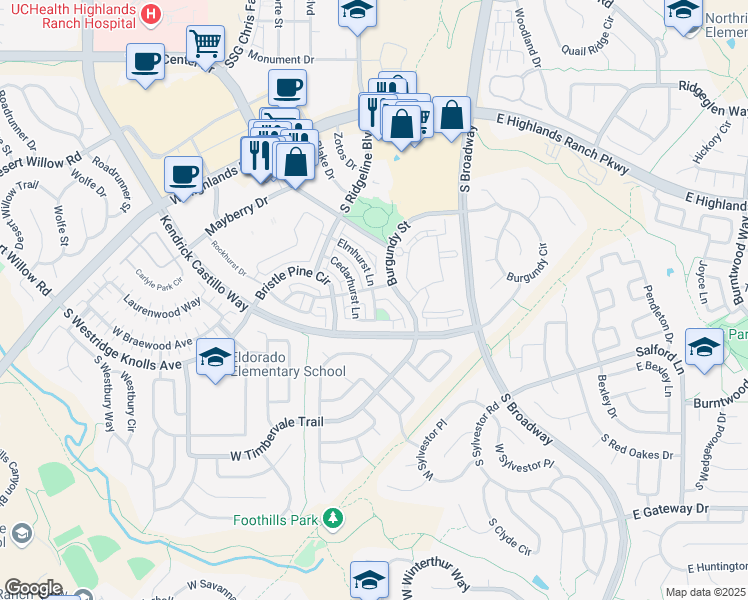 map of restaurants, bars, coffee shops, grocery stores, and more near Elmhurst Way in Littleton