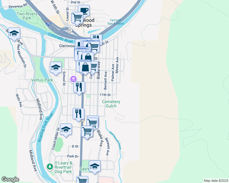map of restaurants, bars, coffee shops, grocery stores, and more near 1026 Palmer Avenue in Glenwood Springs