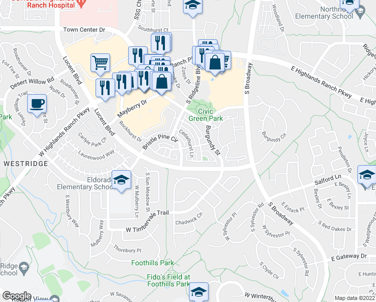 map of restaurants, bars, coffee shops, grocery stores, and more near 636 Brookhurst Avenue in Highlands Ranch