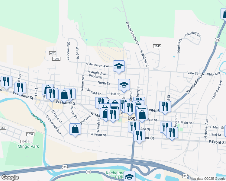 map of restaurants, bars, coffee shops, grocery stores, and more near 62 Hill Street in Logan