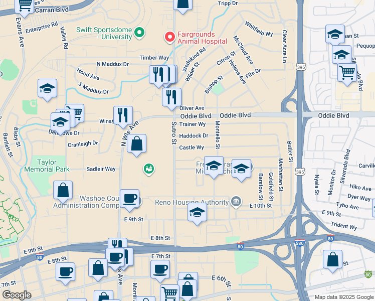 map of restaurants, bars, coffee shops, grocery stores, and more near 1290 Castle Way in Reno