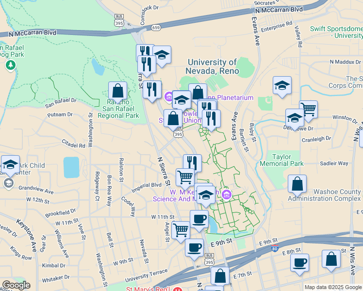 map of restaurants, bars, coffee shops, grocery stores, and more near 1447 Terrace Drive in Reno
