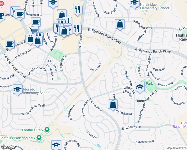map of restaurants, bars, coffee shops, grocery stores, and more near 100 Burgundy Drive in Littleton