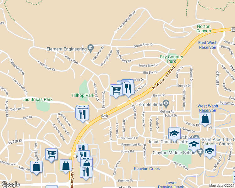 map of restaurants, bars, coffee shops, grocery stores, and more near 3720 Kings Row in Reno