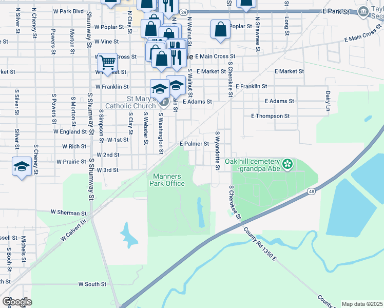 map of restaurants, bars, coffee shops, grocery stores, and more near 721 South Florence Street in Taylorville