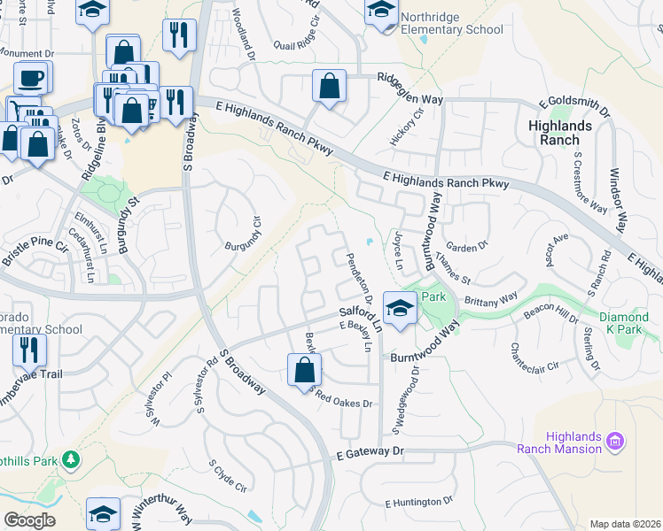map of restaurants, bars, coffee shops, grocery stores, and more near 517 East Chiswick Circle in Littleton