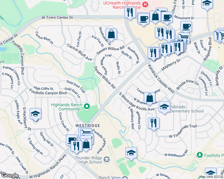 map of restaurants, bars, coffee shops, grocery stores, and more near 9572 Desert Willow Way in Highlands Ranch