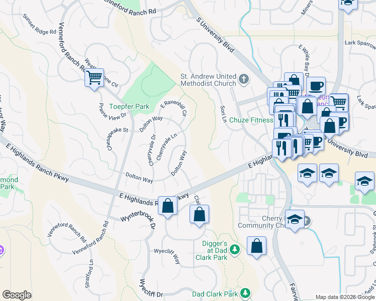 map of restaurants, bars, coffee shops, grocery stores, and more near 9510 Dolton Way in Littleton