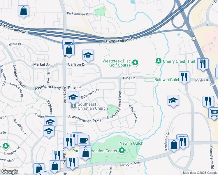 map of restaurants, bars, coffee shops, grocery stores, and more near 17487 East Dewberry Drive in Parker