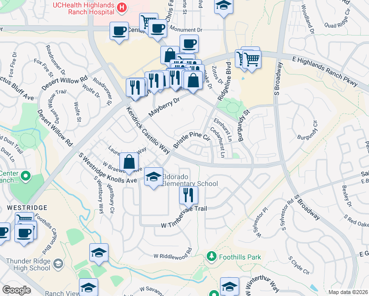 map of restaurants, bars, coffee shops, grocery stores, and more near 970 Rockhurst Drive in Littleton