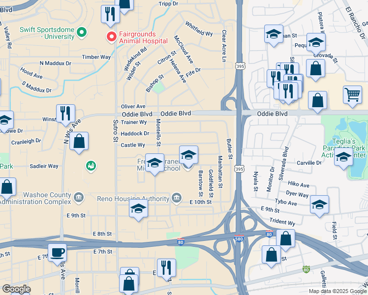 map of restaurants, bars, coffee shops, grocery stores, and more near 1670 Castle Way in Reno