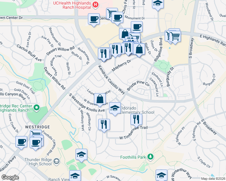 map of restaurants, bars, coffee shops, grocery stores, and more near 1185 Laurenwood Way in Littleton