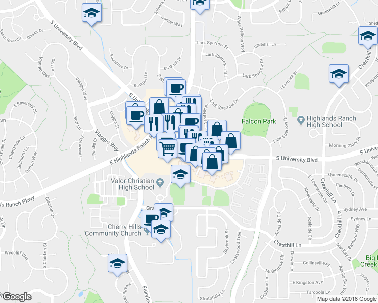 map of restaurants, bars, coffee shops, grocery stores, and more near 9563 South University Boulevard in Littleton