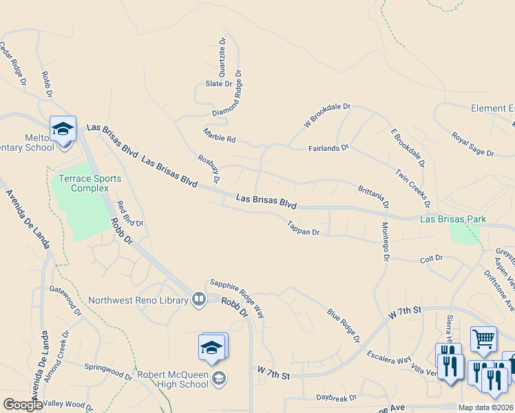 map of restaurants, bars, coffee shops, grocery stores, and more near 5735 Tappan Dr in Reno
