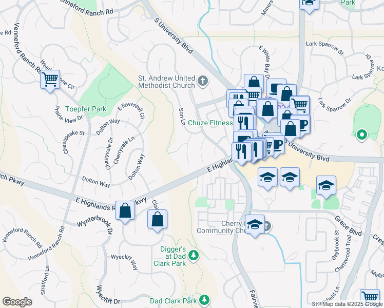 map of restaurants, bars, coffee shops, grocery stores, and more near 9563 Firenze Way in Littleton