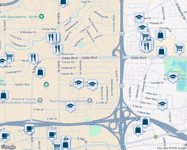 map of restaurants, bars, coffee shops, grocery stores, and more near 1670 Castle Way in Reno