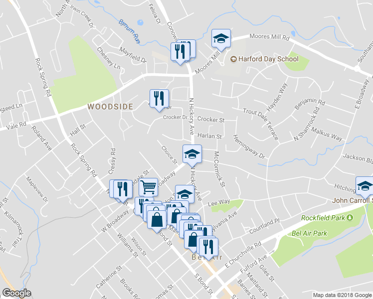 map of restaurants, bars, coffee shops, grocery stores, and more near 246 Wellington Court in Bel Air