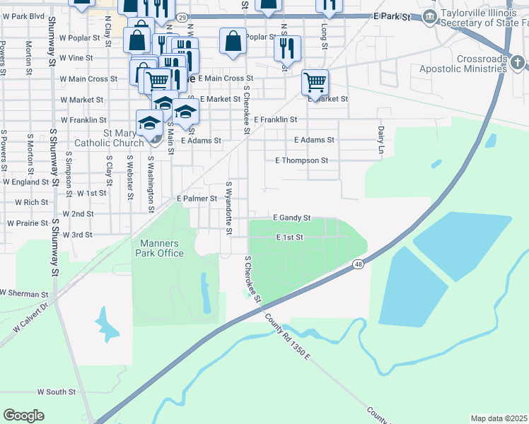 map of restaurants, bars, coffee shops, grocery stores, and more near 523 East Gandy Street in Taylorville