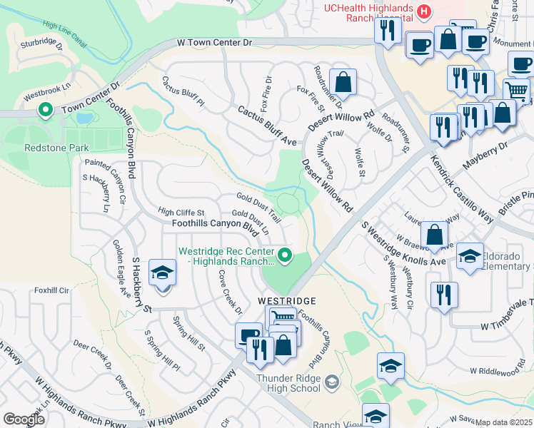 map of restaurants, bars, coffee shops, grocery stores, and more near 2202 Gold Dust Trail in Littleton