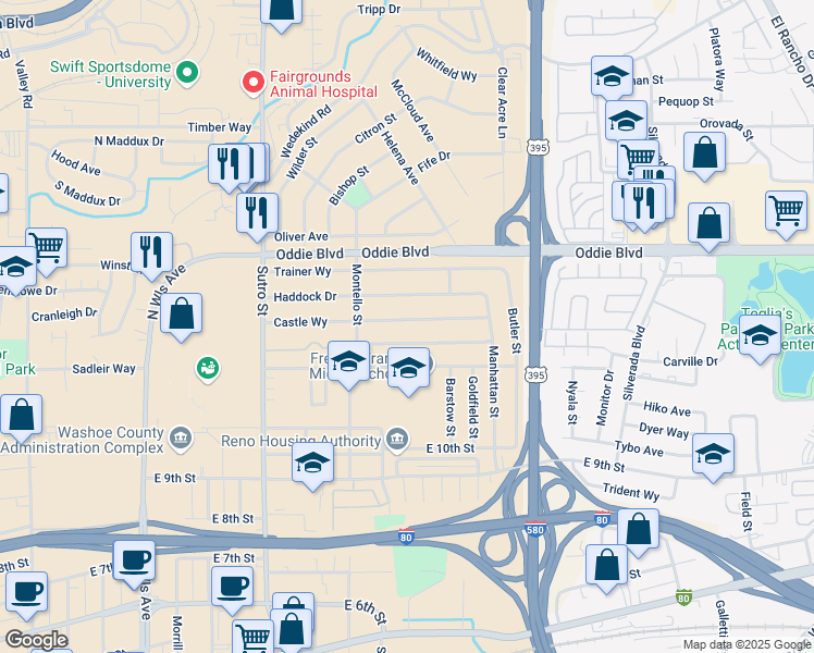 map of restaurants, bars, coffee shops, grocery stores, and more near 1670 Castle Way in Reno