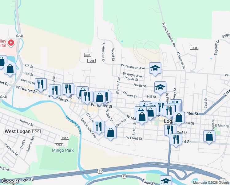 map of restaurants, bars, coffee shops, grocery stores, and more near 256 Warner Avenue in Logan