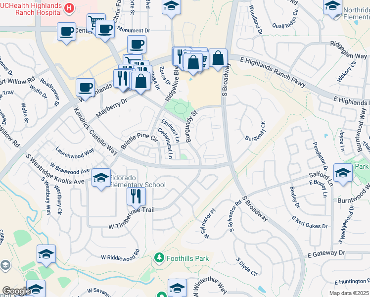 map of restaurants, bars, coffee shops, grocery stores, and more near 535 Elmhurst Way in Highlands Ranch