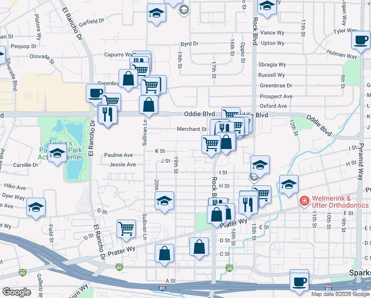 map of restaurants, bars, coffee shops, grocery stores, and more near 1808 K Street in Sparks