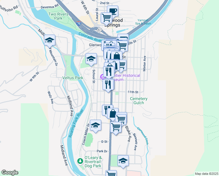 map of restaurants, bars, coffee shops, grocery stores, and more near 1023 Grand Avenue in Glenwood Springs