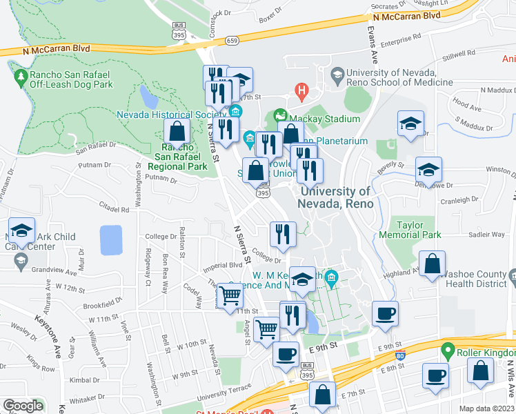 map of restaurants, bars, coffee shops, grocery stores, and more near 1452 Hillside Drive in Reno