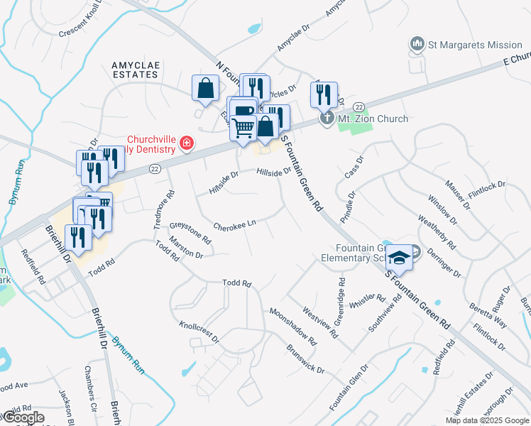map of restaurants, bars, coffee shops, grocery stores, and more near 1506 Cherokee Lane in Bel Air