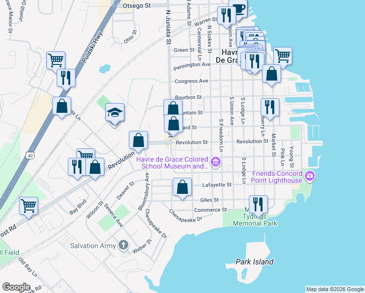 map of restaurants, bars, coffee shops, grocery stores, and more near 716 Revolution Street in Havre de Grace