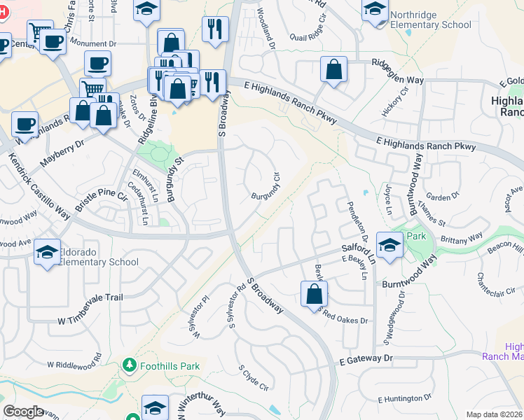 map of restaurants, bars, coffee shops, grocery stores, and more near 100 Burgundy Drive in Littleton