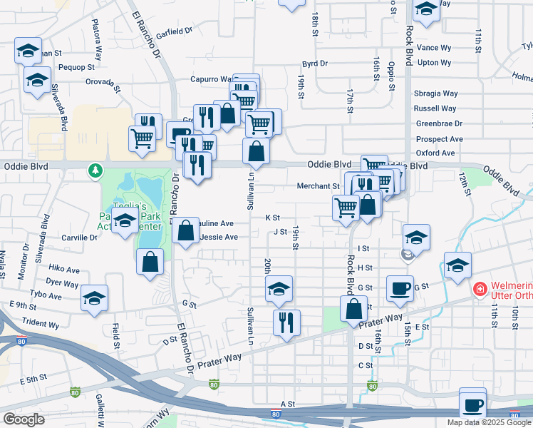 map of restaurants, bars, coffee shops, grocery stores, and more near 2036 K Street in Sparks