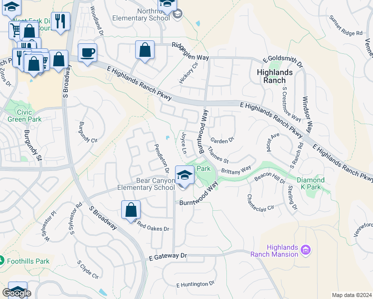 map of restaurants, bars, coffee shops, grocery stores, and more near 9492 Joyce Lane in Littleton