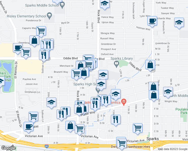 map of restaurants, bars, coffee shops, grocery stores, and more near 1531 Steven Court in Sparks