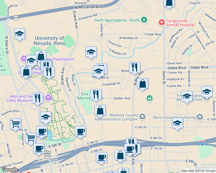 map of restaurants, bars, coffee shops, grocery stores, and more near 597 Sadleir Way in Reno