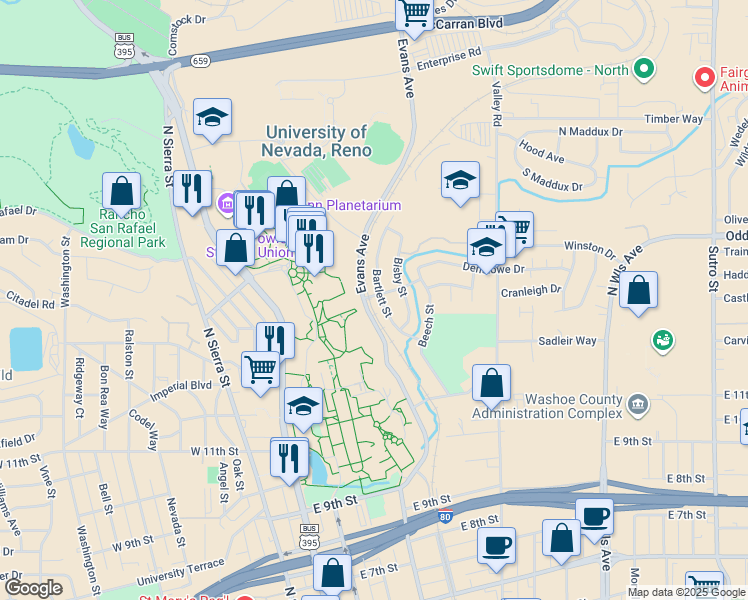 map of restaurants, bars, coffee shops, grocery stores, and more near 160 Bartlett Street in Reno