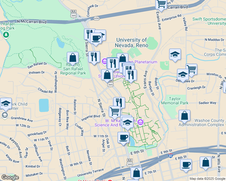 map of restaurants, bars, coffee shops, grocery stores, and more near 1447 Terrace Drive in Reno