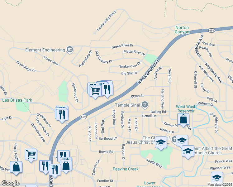 map of restaurants, bars, coffee shops, grocery stores, and more near 3220 Coronado Way in Reno