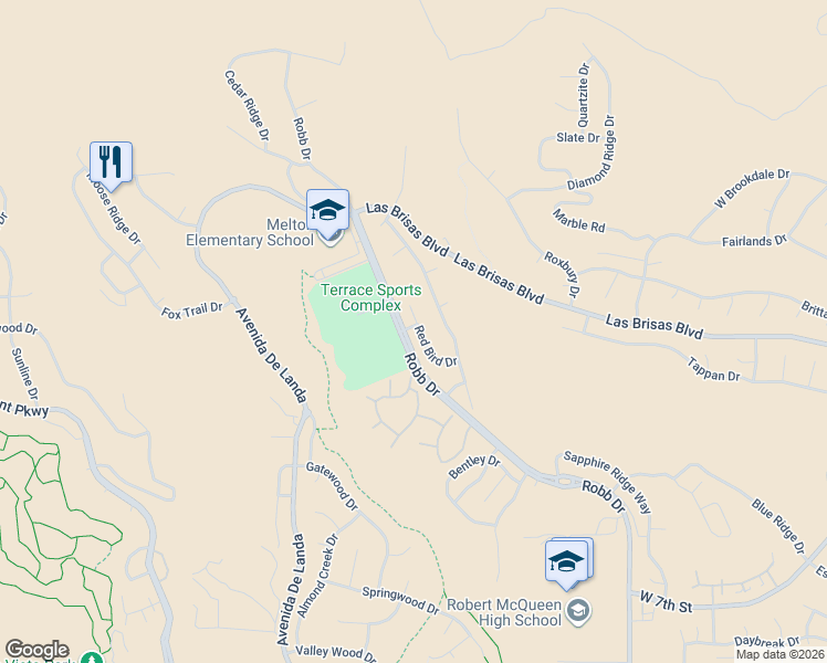 map of restaurants, bars, coffee shops, grocery stores, and more near 2697 Red Bird Drive in Reno