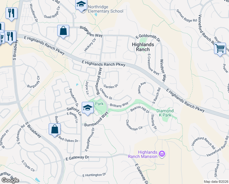 map of restaurants, bars, coffee shops, grocery stores, and more near 9553 Devonshire Place in Littleton